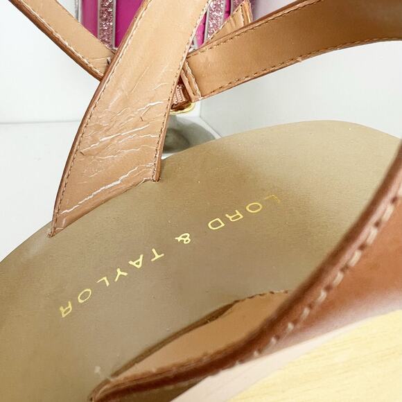 Lord & Taylor NWB Brown Leather Ankle Strap Wooden Wedge Heel Sandals Size 8 M - Picture 9 of 12